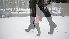 hooker in high heels boots walking in snow + upskirt